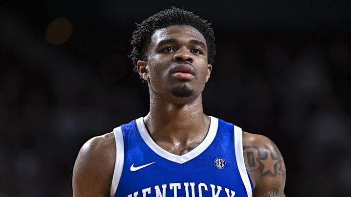 Mar 3, 2026; College Station, Texas, USA; Kentucky Wildcats guard Otega Oweh (00) looks on during the second half against the Texas A&M Aggies at Reed Arena. Mandatory Credit: Maria Lysaker-Imagn Images 