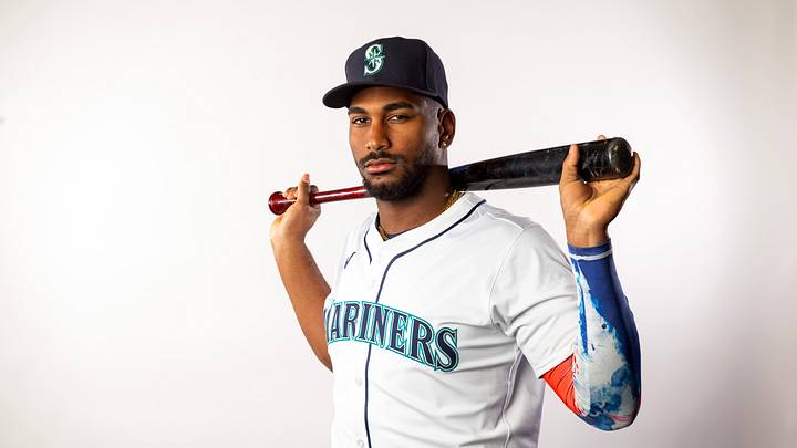 Feb 20, 2025; Peoria, AZ, USA; Seattle Mariners outfielder Lazaro Montes poses for a portrait during media day at Peoria Sports Complex. Mandatory Credit: Mark J. Rebilas-Imagn Images