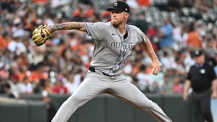 Jul 25, 2025; Baltimore, Maryland, USA;  Colorado Rockies pitcher Kyle Freeland (21) delivers a pitch during the second inning against the Baltimore Orioles at Oriole Park at Camden Yards.