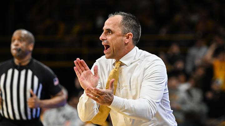 Mar 5, 2026; Iowa City, Iowa, USA; Iowa Hawkeyes head coach Ben McCollum reacts during the first half against the Michigan Wolverines at Carver-Hawkeye Arena. Mandatory Credit: Jeffrey Becker-Imagn Images