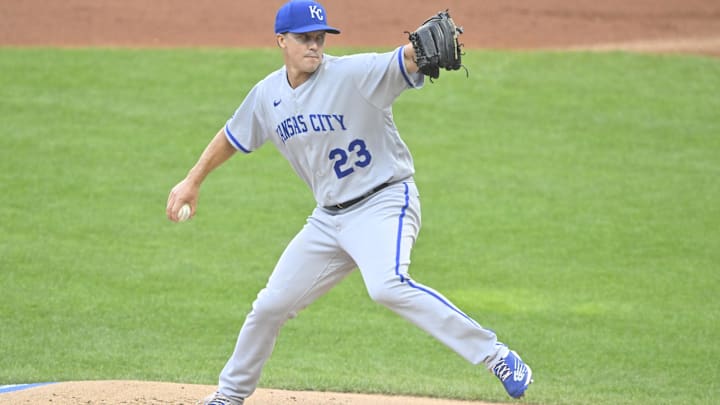 Oct 3, 2022; Cleveland, Ohio, USA; Kansas City Royals starting pitcher Zack Greinke (23) delivers a