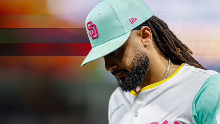Sep 26, 2025; San Diego, California, USA; San Diego Padres right fielder Fernando Tatis Jr. (23) walks off the field during the fourth inning Arizona Diamondbacks at Petco Park. Mandatory Credit: David Frerker-Imagn Images