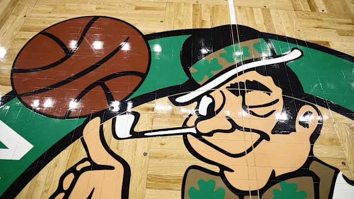Mar 5, 2025; Boston, Massachusetts, USA; The Boston Celtics logo is seen on the court before the game between the Boston Celtics and the Portland Trail Blazers at TD Garden. Mandatory Credit: Winslow Townson-Imagn Images