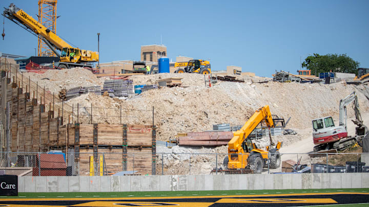 Aug 18, 2025; Columbia, MO, USA; Construction workers continue progress on renovating the north side end zone of Faurot Field at Memorial Stadium. Aug 18, 2025; Columbia, MO, USA; Construction workers continue progress on renovating the north side end zone of Faurot Field at Memorial Stadium.