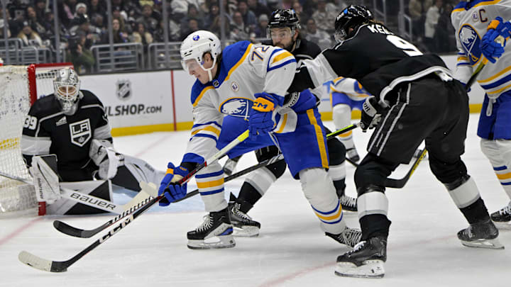 Jan 24, 2024; Los Angeles, California, USA; Buffalo Sabres right wing Tage Thompson (72) is defended