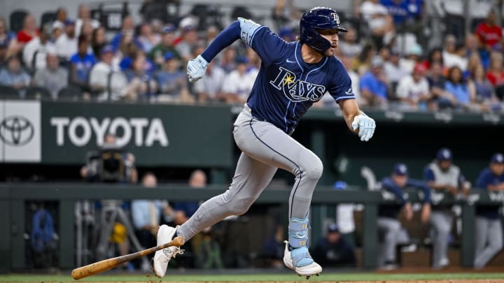 Jul 6, 2024; Arlington, Texas, USA; Tampa Bay Rays right fielder Josh Lowe (15) in action during the game between the Texas Rangers and the Tampa Bay Rays at Globe Life Field. Mandatory Credit: Jerome Miron-USA TODAY Sports
