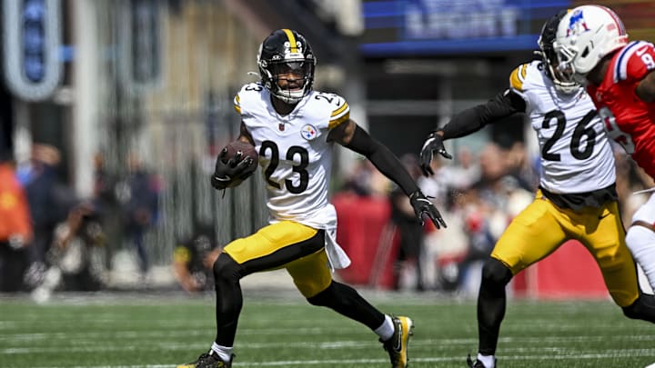 Sep 21, 2025; Foxborough, Massachusetts, USA; Pittsburgh Steelers cornerback Darius Slay (23) reacts after a fumble recovery during the first quarter at Gillette Stadium. Mandatory Credit: Brian Fluharty-Imagn Images