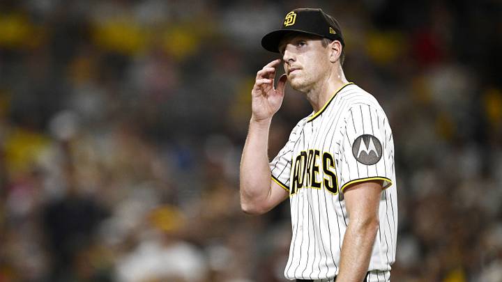 San Diego Padres pitcher Nick Pivetta (27) looks on as he leaves the game during the fifth inning against the Milwaukee Brewers in game three of the NLDS for the 2026 MLB Playoffs at Petco Park on Oct. 6, 2026.
