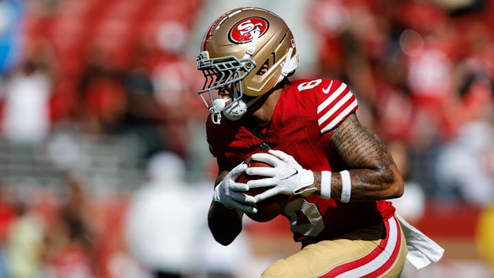 Aug 23, 2025; Santa Clara, California, USA; San Francisco 49ers wide receiver Skyy Moore (6) warms up before a game against the Los Angeles Chargers at Levi's Stadium. Mandatory Credit: Sergio Estrada-Imagn Images
