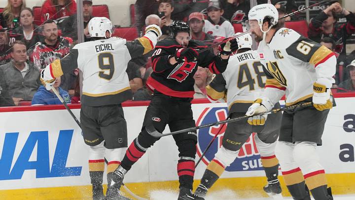 Jun 4, 2026; Raleigh, North Carolina, USA; Vegas Golden Knights center Jack Eichel (9) defends against Carolina Hurricanes center Sebastian Aho (20) during the first period in game two of the 2026 Stanley Cup Final at Lenovo Center. Mandatory Credit: James Guillory-Imagn Images Jun 4, 2026; Raleigh, North Carolina, USA; Vegas Golden Knights center Jack Eichel (9) defends against Carolina Hurricanes center Sebastian Aho (20) during the first period in game two of the 2026 Stanley Cup Final at Lenovo Center. Mandatory Credit: James Guillory-Imagn Images