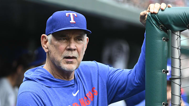 uJun 8, 2025; Washington, District of Columbia, USA; Texas Rangers manager Bruce Bochy (15) in the dugout before the game against the Washington Nationals at Nationals Park. uJun 8, 2025; Washington, District of Columbia, USA; Texas Rangers manager Bruce Bochy (15) in the dugout before the game against the Washington Nationals at Nationals Park.