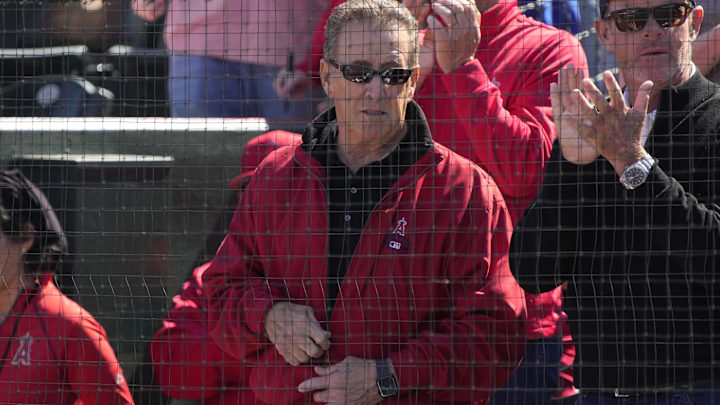 Mar 3, 2023; Tempe, Arizona, USA; Los Angeles Angels owner Arte Moreno is acknowledged by the fans before a game against the Los Angeles Dodgers at Tempe Diablo Stadium. Mandatory Credit: Rick Scuteri-Imagn Images Mar 3, 2023; Tempe, Arizona, USA; Los Angeles Angels owner Arte Moreno is acknowledged by the fans before a game against the Los Angeles Dodgers at Tempe Diablo Stadium. Mandatory Credit: Rick Scuteri-Imagn Images