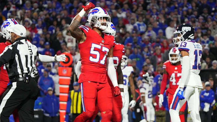 Buffalo Bills defensive end AJ Epenesa reacts to getting a sack during the first half against the New York Giants.