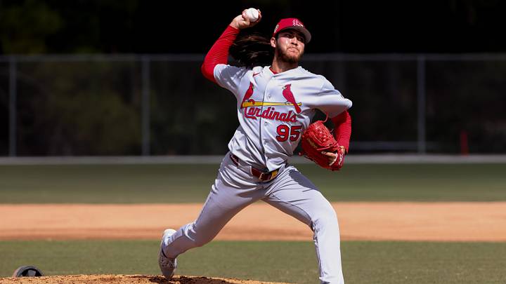 Feb 14, 2026; Jupiter, FL, USA; St. Louis Cardinals pitcher Luis Gastelum (95) delivers a pitch during a spring training workout at Roger Dean Chevrolet Stadium. Mandatory Credit: Sam Navarro-Imagn Images