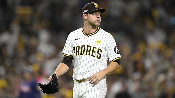 Oct 1, 2024; San Diego, California, USA; San Diego Padres pitcher Michael King (34) walks off the field after the sixth inning against the Atlanta Braves in game one of the Wildcard round for the 2024 MLB Playoffs at Petco Park. Mandatory Credit: Denis Poroy-Imagn Images