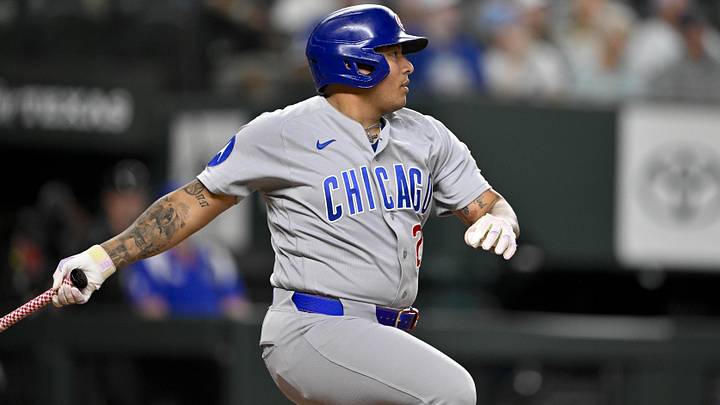 May 9, 2026; Arlington, Texas, USA; Chicago Cubs catcher Moises Ballesteros (25) bats against the Texas Rangers during the game at Globe Life Field. Mandatory Credit: Jerome Miron-Imagn Images