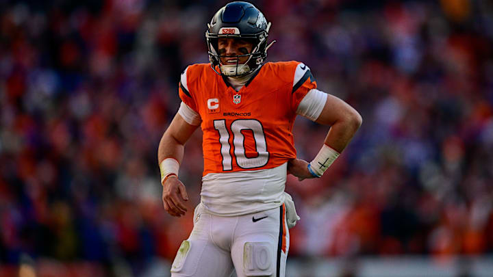DENVER, CO - JANUARY 17: Denver Broncos quarterback Bo Nix (10) looks on in the first quarter against the Buffalo Bills in the AFC Divisional Round game at Empower Field at Mile High on January 17, 2026 in Denver, Colorado. 