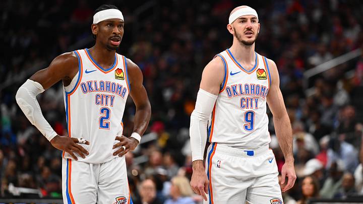 Mar 21, 2026; Washington, District of Columbia, USA; Oklahoma City Thunder guard Shai Gilgeous-Alexander (2) and guard Alex Caruso (9) talk against the Washington Wizards during the second half at Capital One Arena. Mandatory Credit: Brad Mills-Imagn Images Mar 21, 2026; Washington, District of Columbia, USA; Oklahoma City Thunder guard Shai Gilgeous-Alexander (2) and guard Alex Caruso (9) talk against the Washington Wizards during the second half at Capital One Arena. Mandatory Credit: Brad Mills-Imagn Images