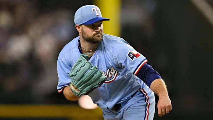 Aug 24, 2025; Arlington, Texas, USA; Texas Rangers relief pitcher Danny Coulombe (54) pitches against the Cleveland Guardians during the eighth inning at Globe Life Field. Mandatory Credit: Jerome Miron-Imagn Images