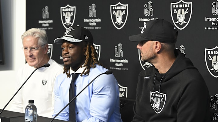 Las Vegas Raiders head coach Pete Carroll, Ashton Jeanty and general manager John Spytek during a news conference introducing Jeanty as the first round draft pick in the 2025 NFL Draft at Intermountain Health Performance Center. 