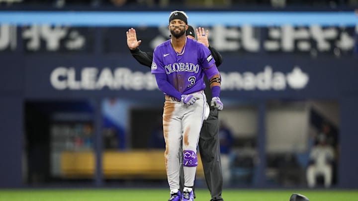 Mar 30, 2026; Toronto, Ontario, CAN; Colorado Rockies Willi Castro (3) celebrates after hitting a double against the Toronto Blue Jays during the sixth inning at Rogers Centre. Mandatory Credit: Kevin Sousa-Imagn Images