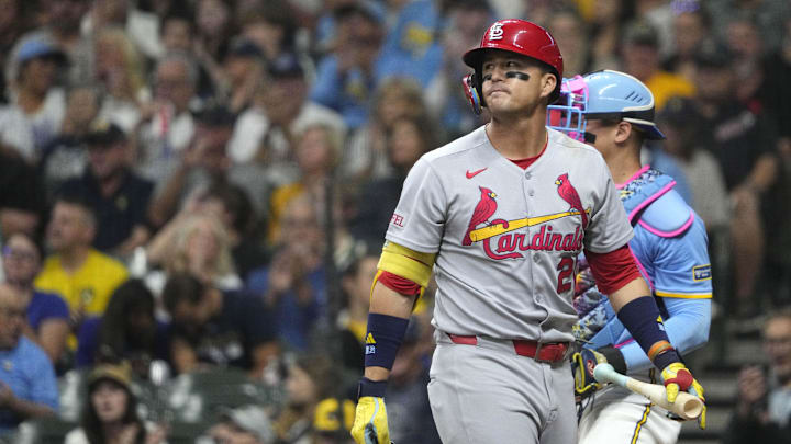 Sep 12, 2025; Milwaukee, Wisconsin, USA; St. Louis Cardinals outfielder Lars Nootbaar (21) strikes out against the Milwaukee Brewers in the fourth inning at American Family Field. Mandatory Credit: Michael McLoone-Imagn Images