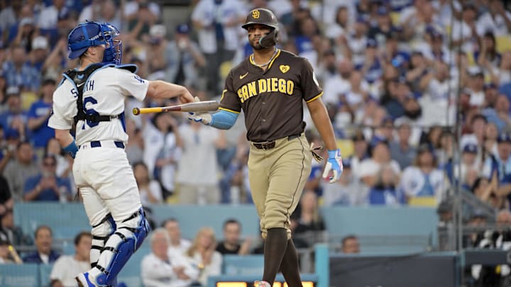 Oct 11, 2024; Los Angeles, California, USA; San Diego Padres second baseman Xander Bogaerts (2) reacts after striking out in the fifth inning against the Los Angeles Dodgers during game five of the NLDS for the 2024 MLB Playoffs at Dodger Stadium. Mandatory Credit: Jayne Kamin-Oncea-Imagn Images