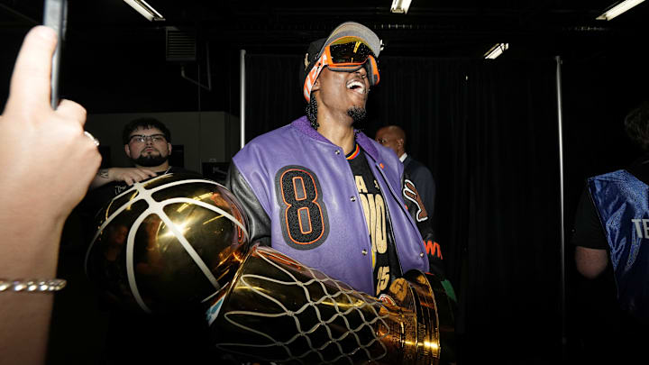 Jun 22, 2025; Oklahoma City, Oklahoma, USA; Oklahoma City Thunder forward Jalen Williams (8) celebrates after winning game seven of the 2025 NBA Finals against the Indiana Pacers at Paycom Center. Mandatory Credit: Kyle Terada-Imagn Images