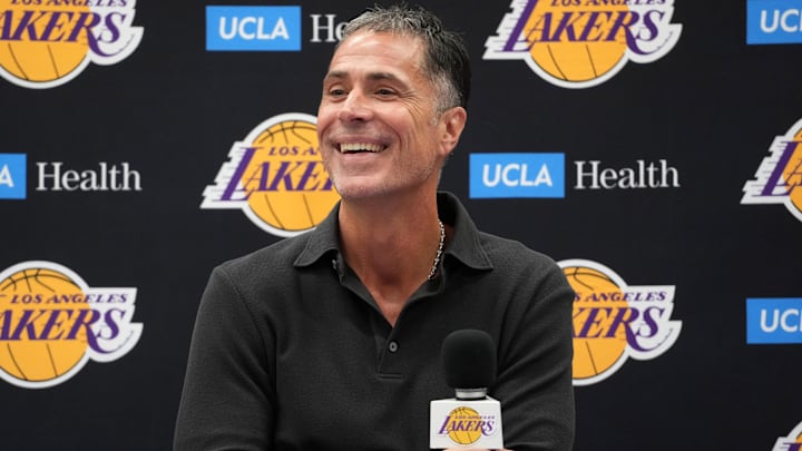 Sep 25, 2024; El Segundo, CA, USA; Los Angeles Lakers general manager Rob Pelinka at press conference at UCLA Health Training Center. Mandatory Credit: Kirby Lee-Imagn Images