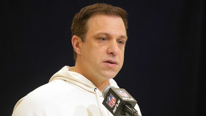 Feb 25, 2025; Indianapolis, IN, USA; Kansas City Chiefs general manager Brett Veach speaks during the NFL Scouting Combine at the Indiana Convention Center. Mandatory Credit: Kirby Lee-Imagn Images