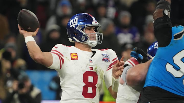 New York Giants quarterback Daniel Jones throws the ball against the Carolina Panthers  in the second half at Allianz Arena in Munich, Germany, on Nov. 10, 2024.