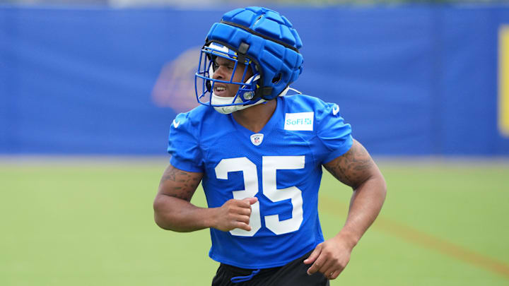 May 28, 2025; Woodland Hills, CA, USA; Los Angeles Rams running back Jarquez Hunter (35) during organized team activities at Rams Practice Facility. Mandatory Credit: Kirby Lee-Imagn Images May 28, 2025; Woodland Hills, CA, USA; Los Angeles Rams running back Jarquez Hunter (35) during organized team activities at Rams Practice Facility. Mandatory Credit: Kirby Lee-Imagn Images