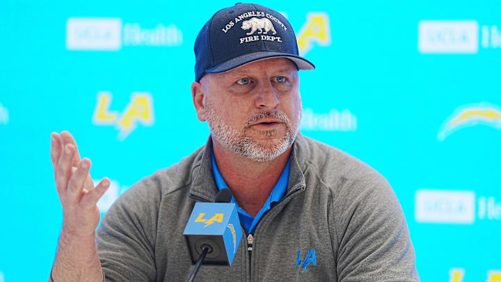 Los Angeles Chargers general manager Joe Hortiz at a press conference at The Bolt. 