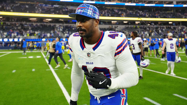 Dec 8, 2024; Inglewood, California, USA; Buffalo Bills linebacker Von Miller (40) leaves the field after the game against the Los Angeles Rams at SoFi Stadium. Mandatory Credit: Kirby Lee-Imagn Images Dec 8, 2024; Inglewood, California, USA; Buffalo Bills linebacker Von Miller (40) leaves the field after the game against the Los Angeles Rams at SoFi Stadium. Mandatory Credit: Kirby Lee-Imagn Images