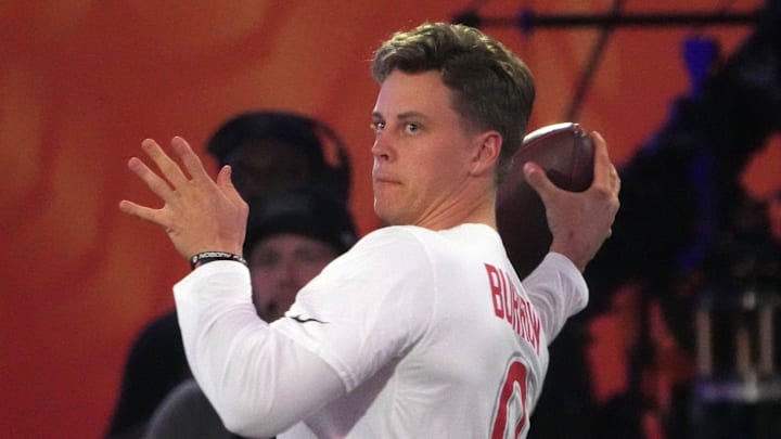 Jan 30, 2025; Orlando, FL, USA; AFC quarterback Joe Burrow of the Cincinnati Bengals throws the ball during the Passing the Test event at the Pro Bowl Skills Challenge at Nicholson Fieldhouse. Mandatory Credit: Kirby Lee-Imagn Images