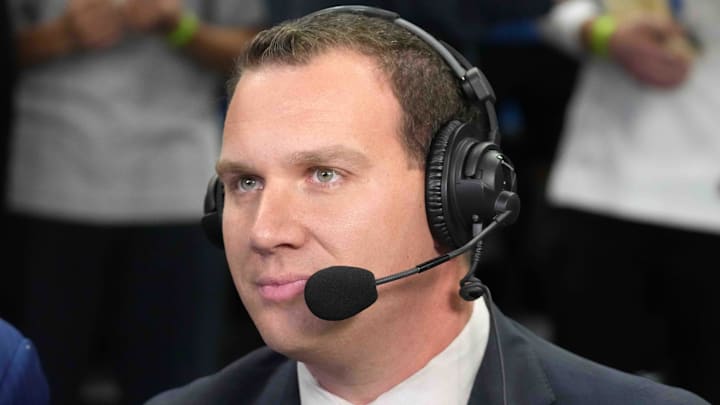 Dec 3, 2024; Los Angeles, California, USA;  FS1 play-by-play announcer Trent Rush during the game between the Washington Huskies and the UCLA Bruins at Pauley Pavilion presented by Wescom. Mandatory Credit: Kirby Lee-Imagn Images