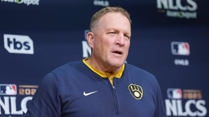 Oct 16, 2025; Los Angeles, California, USA; Milwaukee Brewers manager Pat Murphy (49) speaks in a press conference before game three against the Los Angeles Dodgers in the NLCS round for the 2025 MLB playoffs at Dodger Stadium. Mandatory Credit: Kirby Lee-Imagn Images