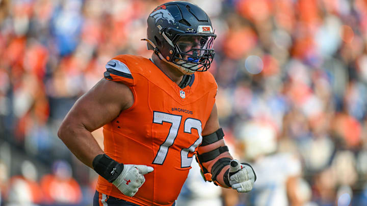 DENVER, CO - OCTOBER 13: Broncos offensive tackle Garett Bolles (72) during a game between the Denver Broncos and the Los Angeles Chargers at Empower Field at Mile High in Denver, CO on October 13, 2024. DENVER, CO - OCTOBER 13: Broncos offensive tackle Garett Bolles (72) during a game between the Denver Broncos and the Los Angeles Chargers at Empower Field at Mile High in Denver, CO on October 13, 2024.