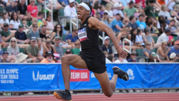 Jun 30, 2024; Eugene, OR, USA; Russell Robinson places second in the triple jump at 55-9 34 (17.01m) during the US Olympic Team Trials at Hayward Field. Mandatory Credit: Kirby Lee-USA TODAY Sports Jun 30, 2024; Eugene, OR, USA; Russell Robinson places second in the triple jump at 55-9 34 (17.01m) during the US Olympic Team Trials at Hayward Field. Mandatory Credit: Kirby Lee-USA TODAY Sports