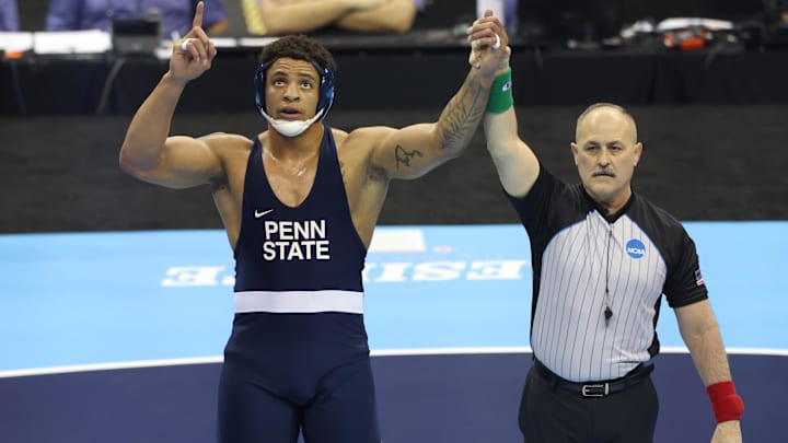 Penn State heavyweight wrestler Greg Kerkvliet celebrates after winning a bout at the 2024 NCAA Wrestling Championships.