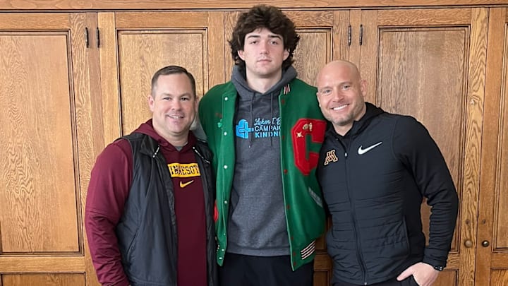 Gophers tight end coach Eric Kohler (left), Preston Fryzel (middle) and P.J. Fleck (right). Gophers tight end coach Eric Kohler (left), Preston Fryzel (middle) and P.J. Fleck (right).