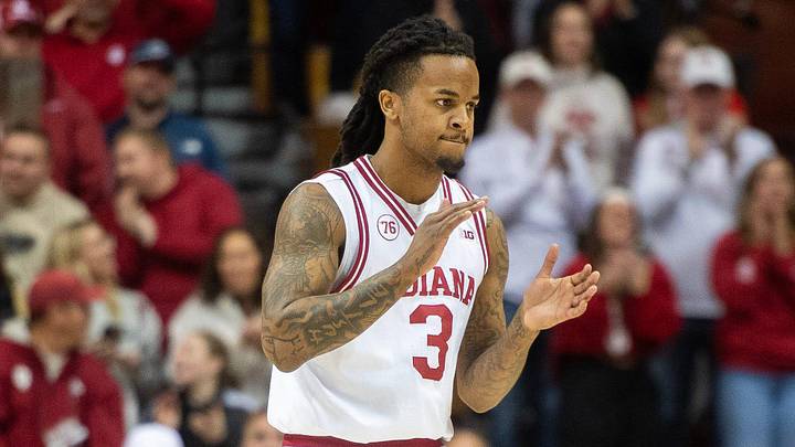 Indiana's Lamar Wilkerson (3) claps during the Indiana versus Purdue mens basketball game at Simon Skjodt Assembly Hall on Tuesday, Jan. 27, 2026.