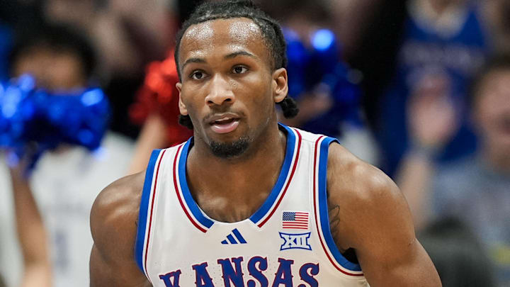 Nov 3, 2025; Lawrence, Kansas, USA; Kansas Jayhawks guard Darryn Peterson (22) reacts during the first half against the Green Bay Phoenix at Allen Fieldhouse. Mandatory Credit: Jay Biggerstaff-Imagn Images