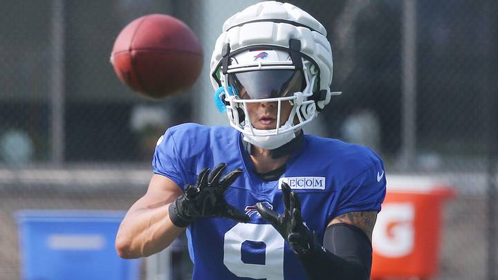 Bills defensive back Taylor Rapp eyes in the ball during interception drills. Bills defensive back Taylor Rapp eyes in the ball during interception drills.