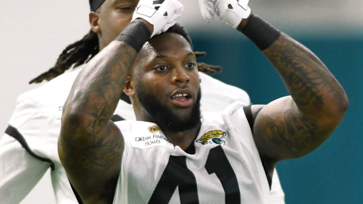 Jacksonville Jaguars linebacker Josh Allen (41) cuts in front of defensive end Tyler Lacy (93) during drills. The Jacksonville Jaguars let most of the veterans off from participating in Monday's mandatory minicamp session held in the air conditioned enclosed field at EverBank Stadium's Miller Electric Center in Jacksonville, Fla. June 10, 2024. 