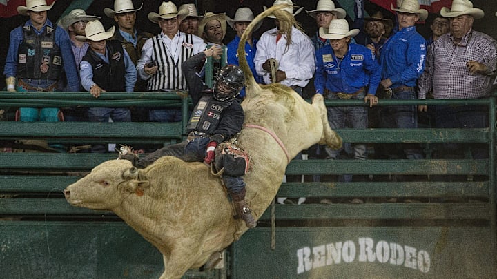 Stetson Wright competes in the Bull Riding event during the Reno Rodeo on Sunday, June 23, 2019.

Rodeo Sunday 3231