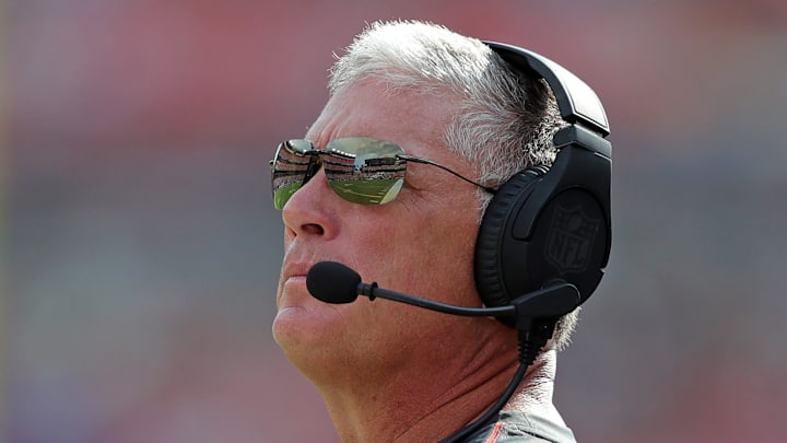 Cleveland Browns defensive coordinator Jim Schwartz looks to the scoreboard during the first half of an NFL preseason football game at Cleveland Browns Stadium, Saturday, Aug. 17, 2024, in Cleveland, Ohio.