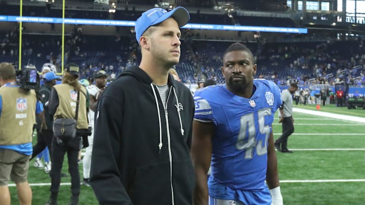 Detroit Lions quarterback Jared Goff (16) and fullback Jason Cabinda (45) walk off the field after preseason action against the Jacksonville Jaguars, Saturday, August 19, 2023 at Ford Field.