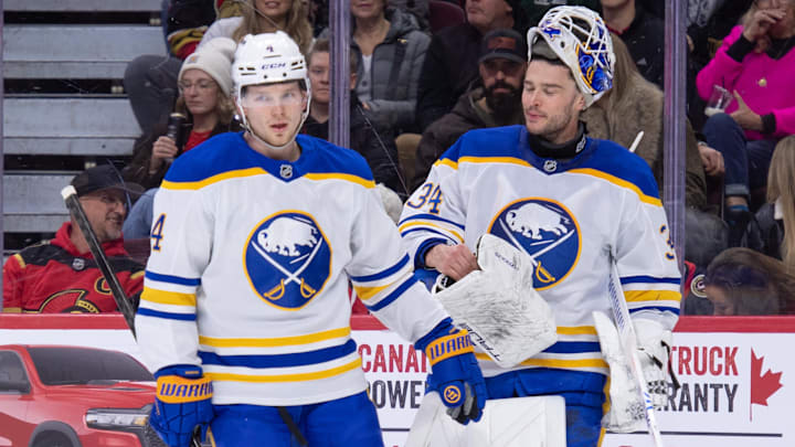 Buffalo Sabres defenseman Bowen Byram and goalie Alex Lyon