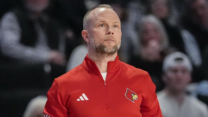 Feb 7, 2026; Winston-Salem, North Carolina, USA; Louisville Cardinals head coach Pat Kelsey during the first half against the Wake Forest Demon Deacons at Lawrence Joel Veterans Memorial Coliseum. Mandatory Credit: Jim Dedmon-Imagn Images